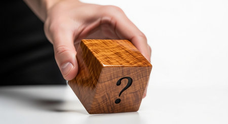 Hand putting a wooden cube with a question mark on the white background