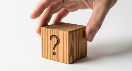 Hand holding wooden cube with question mark on white background. FAQ concept
