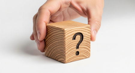 Hand holding a wooden cube with question mark on the white background.