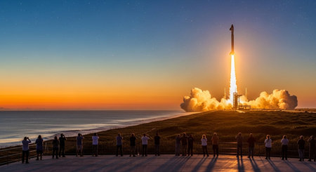 Tourists watching a rocket launch in Cape Canaveral, Florida.