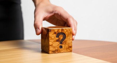 Hand of businesswoman putting wooden cube with question mark on wooden table