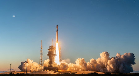 Space rocket taking off into the night sky with clouds and stars.