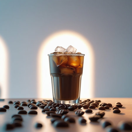 coffee in a glass with ice and coffee beans on the table