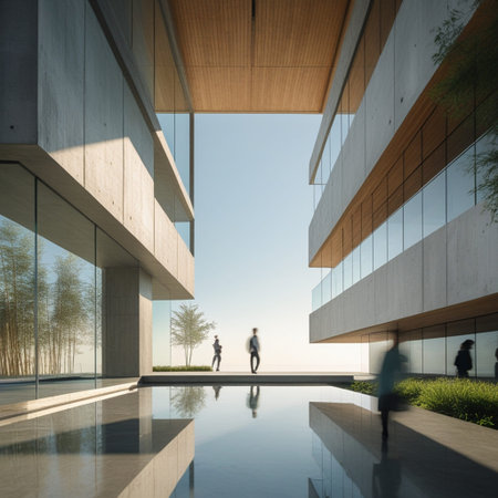 3d rendering of people walking in modern office building with big windows
