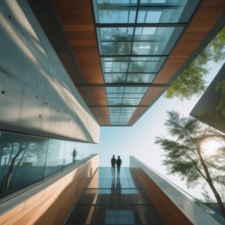3d render of two people walking in front of a modern building