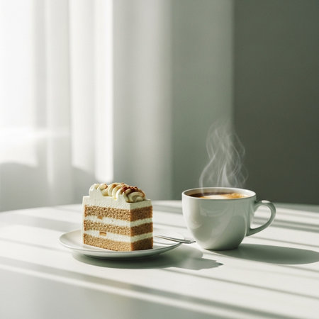 Cup of coffee with piece of cake on saucer on windowsill