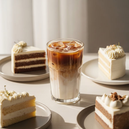 Coffee in a glass with cake on a white table.の写真素材
