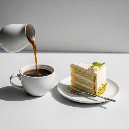 Coffee cup and piece of cake on a white background.