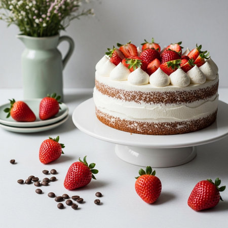 Strawberry cake with whipped cream and fresh strawberries on white background