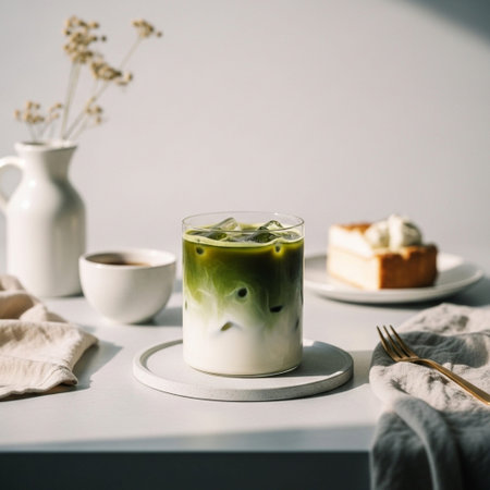 Iced matcha latte or matcha latte in a glass on white table.