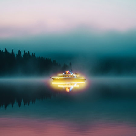 Fishing boat on the lake at sunrise, with fog in the background