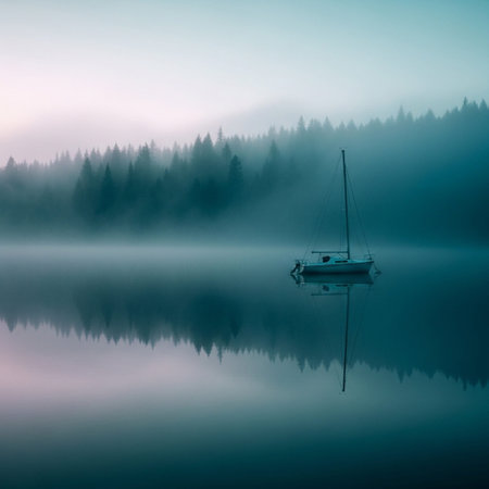 Lonely boat in a misty lake, Finland. Long exposure.