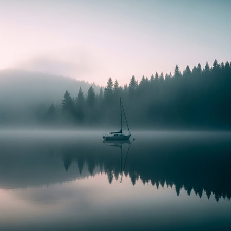Sailing boat on foggy lake in the morning. Misty landscape.の写真素材