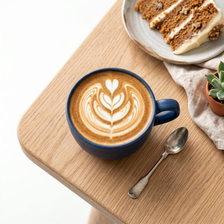 Coffee cup with latte art on wooden table, stock photo