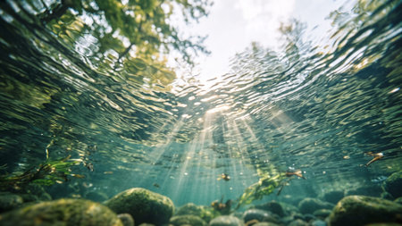 Underwater shot of the sun shining through the ripples of the water