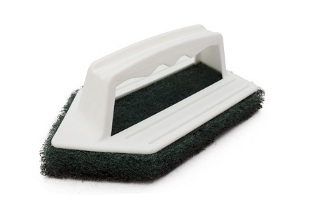 Clean scrubber isolated on white background, green fiber scourer with plastic handleの写真素材