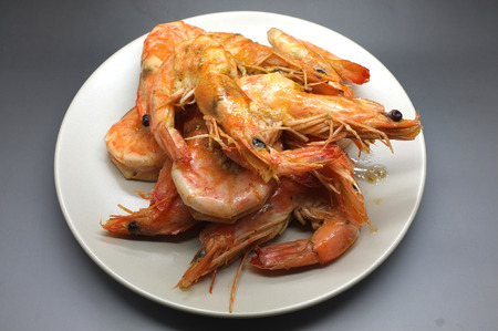 Cooked, boiled, steamed shrimp, prawnの写真素材