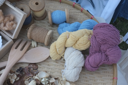 The nature dye color of the cotton line in the Wicker tray for weaving is a fabric.Concept workshopの写真素材
