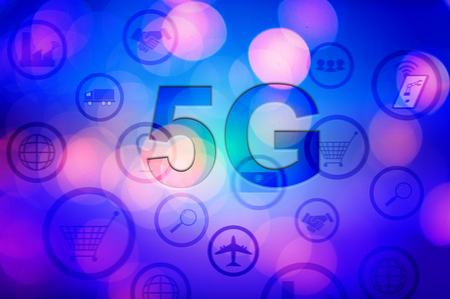 5g internet concept with businessman pressing buttons . BACKGROUND