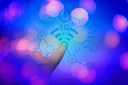 5g internet concept with businessman pressing buttons . BACKGROUND