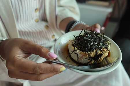 Close up, Homemade agedashi tofu with soy sauceの写真素材