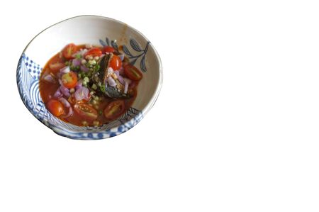 Spicy Canned Sardine Salad with hand, Thai fast foodの写真素材