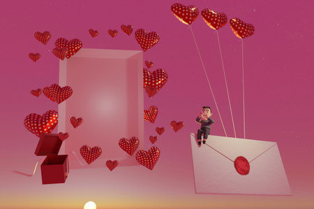 3D image , Heart-shaped balloon with human sit on mail icon . Concept: A declaration of love on Valentine's Day.の写真素材