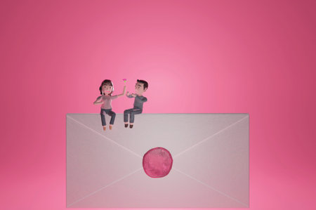 cartoon character sitting on a love letter . social media concept. 3d illustrationの写真素材
