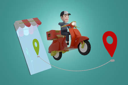 3d illustration , Delivery package by scooter on mobile phone in red background. Order package in E-commerce by app. Tracking courier by map application.の写真素材