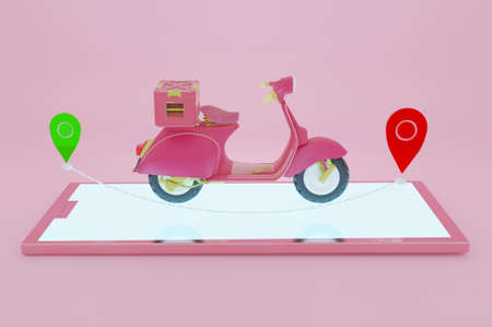 3d illustration , Delivery package by scooter on mobile phone in red background. Order package in E-commerce by app. Tracking courier by map application.の写真素材