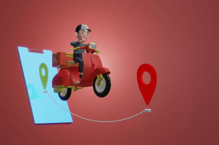 3d illustration , Delivery package by scooter on mobile phone in red background. Order package in...