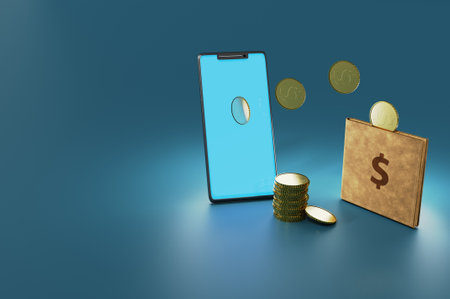 3d illustration. Online money transfer, mobile payments . Concept with smartphone and wallet , can use for landing page, template, ui, web, mobile app, poster, banner, flyerの写真素材