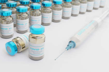 3d illustration. Covid19 vaccines inside bottles on light base abstract background .の写真素材