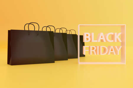 3d illustration. black friday shopping bags 0n yewllow background . Copy space for textの写真素材
