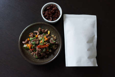 Macaroni with spicy with basil and minced pork . white space package for textの写真素材