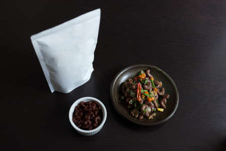 Macaroni with spicy with basil and minced pork . white space package for textの写真素材