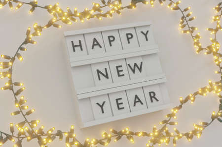 3d illustration. Happy New Year Text Light Box and Glowing light bulbs Christmas and New Year on...