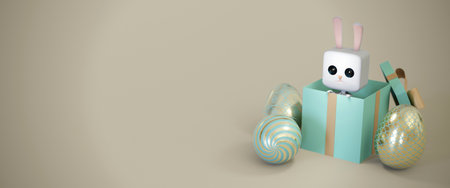3d illustration. Easter concept. Bunny looking from a hole ,copy space for text . Web banner format
