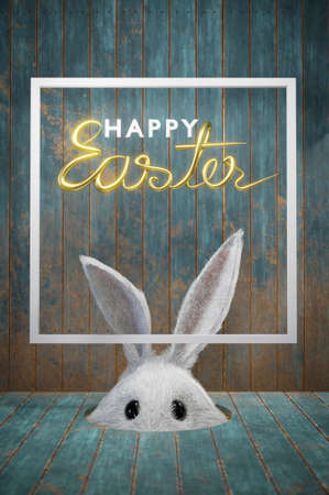 3d illustration. Easter concept. Bunny looking from a hole ,copy space for text . Web banner formatの写真素材