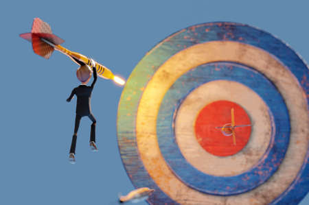 3D Illustration. 3D Rendering . Businessman  try to hit a red target with hands holding darts or...