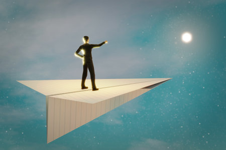 3D Illustration. 3D Rendering , Concept of business success  to the target , startup , creative idea . Business man on paper plane white flying on sky between cloud.の写真素材