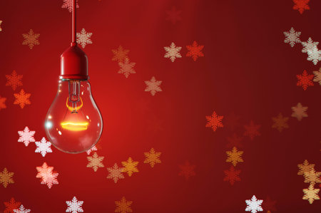 3D Illustration , 3d rendering Light bulb on glitter background with blinking stars and falling snowflakes. Blurred bokeh of Christmas lights.の写真素材