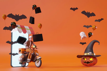 3D Illustration , 3d rendering . Online Delivery Service Halloween Party  rides scooters around lots of pumpkins in the dark night. Fast deliveryの写真素材