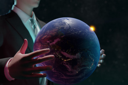 3D Illustration , 3d rendering . Close up of businessman holding world in handsの写真素材