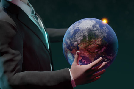 3D Illustration , 3d rendering . Close up of businessman holding world in handsの写真素材