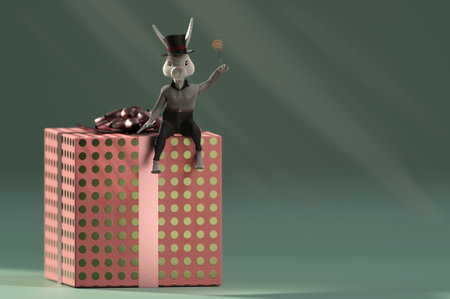 3D Illustration , 3d rendering . Rabbit hand on sparkler  on a gift . Funny fluffy rabbit. Easter bunny and happy new yearの写真素材