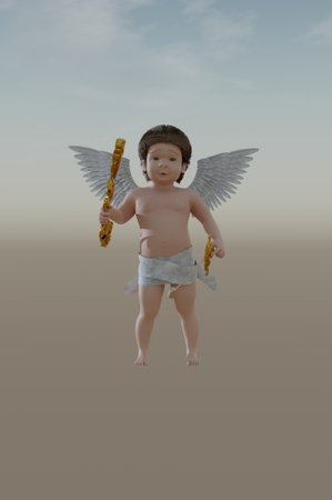 3D Illustration , 3d rendering . valentine guardian slogan with Flying Cupid holding bow and aiming or shooting arrow . copy space for text .の写真素材