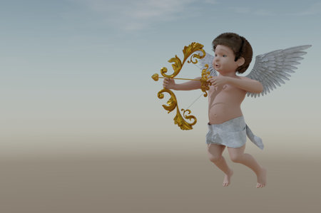 3D Illustration , 3d rendering . valentine guardian slogan with Flying Cupid holding bow and aiming or shooting arrow . copy space for text .の写真素材