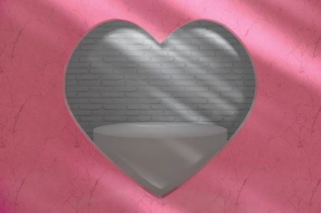 3D Illustration , 3d rendering . Empty studio. Podium and heart. Background for product visualization, copy space.CONCEPT Valentine card, party, design, flyer, poster, decor, banner, web, advertising.の写真素材