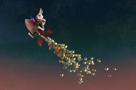 3D Illustration , Bunny Rocket Easter Design. Cute Rabbit flying to skyの写真素材